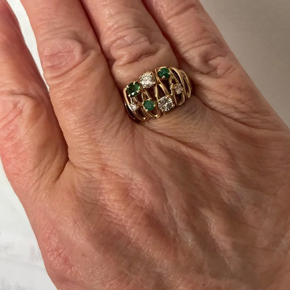 Baden & Foss 14K Yellow Gold B & F Designer Emerald Diamond Vintage Ring Sz 7